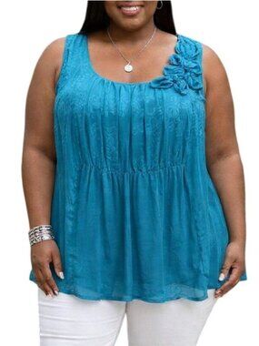 Perseption Plus Size 2X Top Sleeveless Aqua Blue Floral Applique Detail